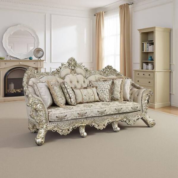 Benjara Mas Ornate 42 in. Straight Arm Fabric Rectangle with 7 Accent Pillows Sofa in. Beige, Champagne and Gold