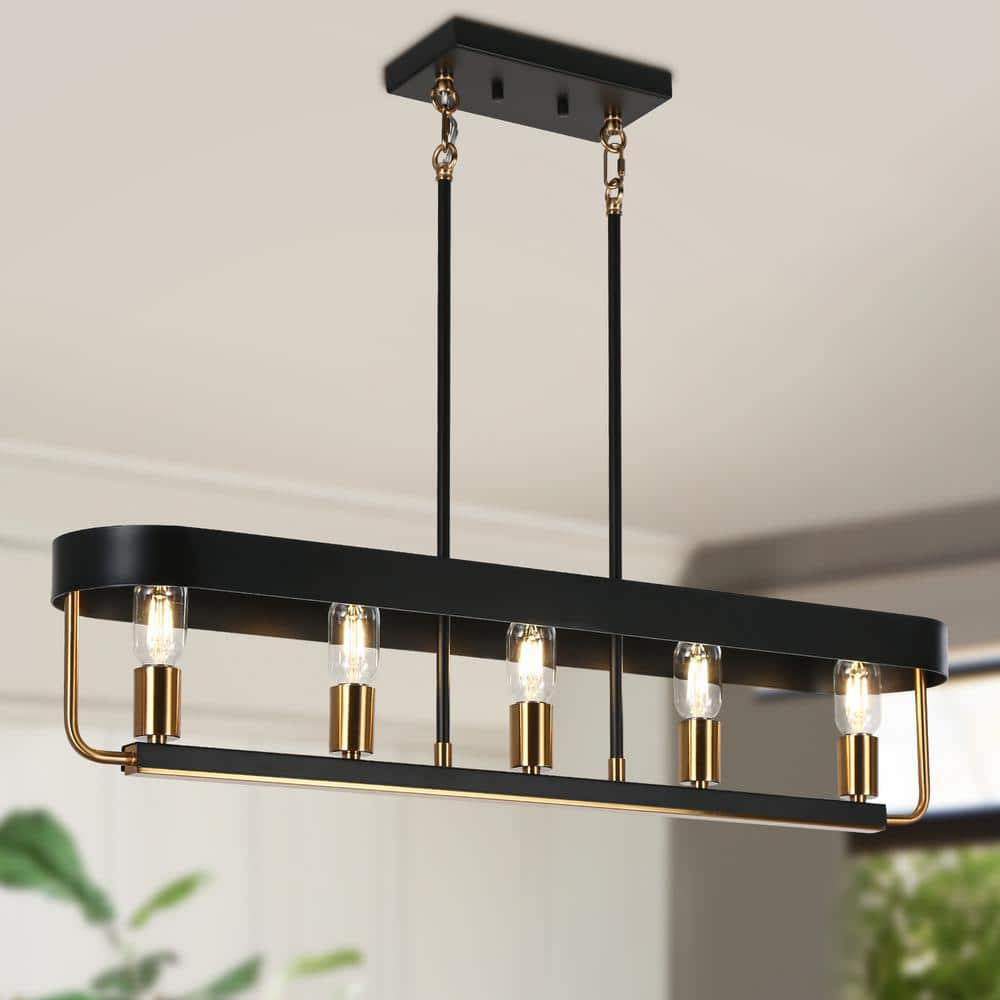 Modern 35 in. 5-Light Black and Brass Island Chandelier for Dining Room, Rectangle Kitchen Hanging Lamp LED Compatible price history on PriceWatchPro
