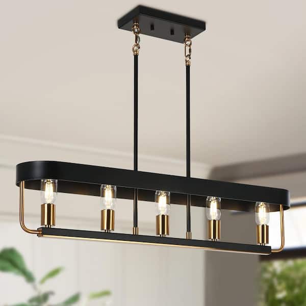 LNC Modern 35 in. 5-Light Black and Brass Island Chandelier for Dining Room, Rectangle Kitchen Hanging Lamp LED Compatible
