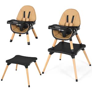 Coffee 5-in-1 Baby High Chair Infant Wooden Convertible Chair 5-Point Seat Belt