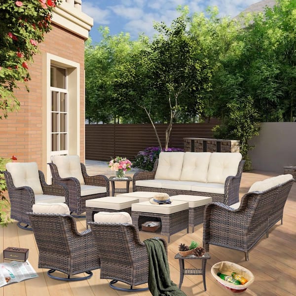 Brown 12-Piece Wicker Patio Conversation Seating Sofa Set Outdoor Rattan Swivel Chairs with Beige Cushions and Ottomans