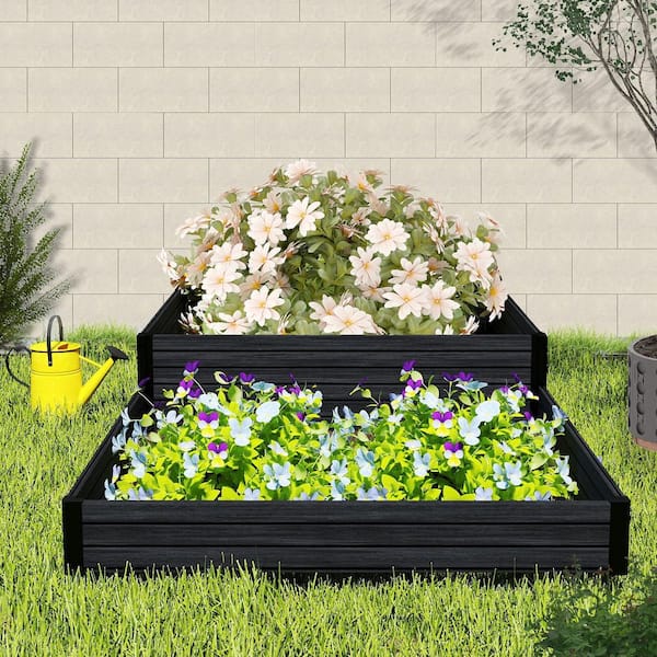 mondaria 4 ft. x 8 ft. x 12 in. Black Composite Panel and Alu Frame 2-Tier Rustproof Planter Box for Garden Landscaping