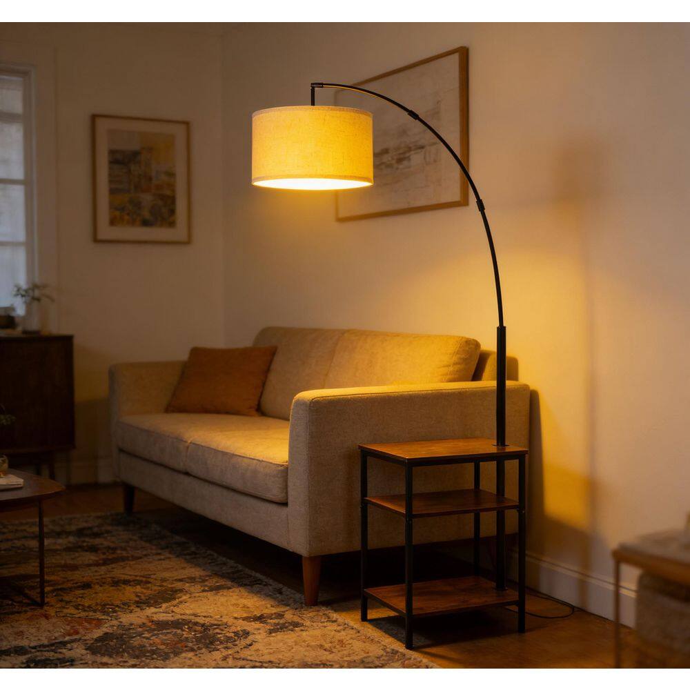 76 in. Black Modern 1-Light Dimmable Arc LED Floor Lamp with Side Table for Living Room with Linen Drum Shade price history on PriceWatchPro