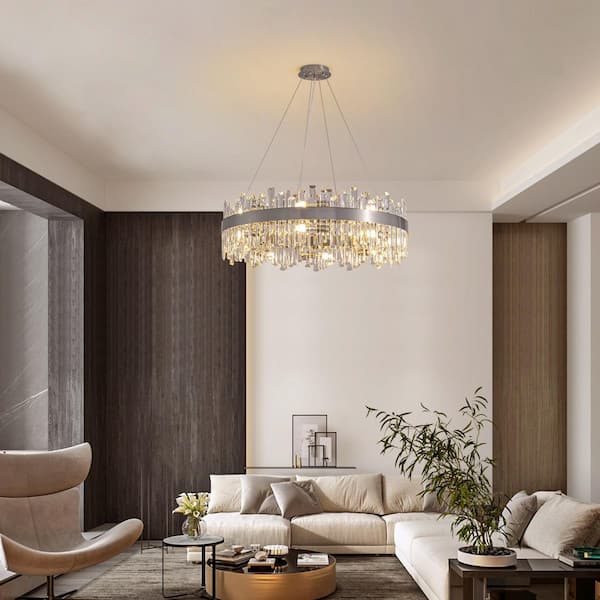 31.5 in. Modern 16-Light Chrome and Nickel Crystal Round Chandelier for Kitchen Island Dinning Table Living Room