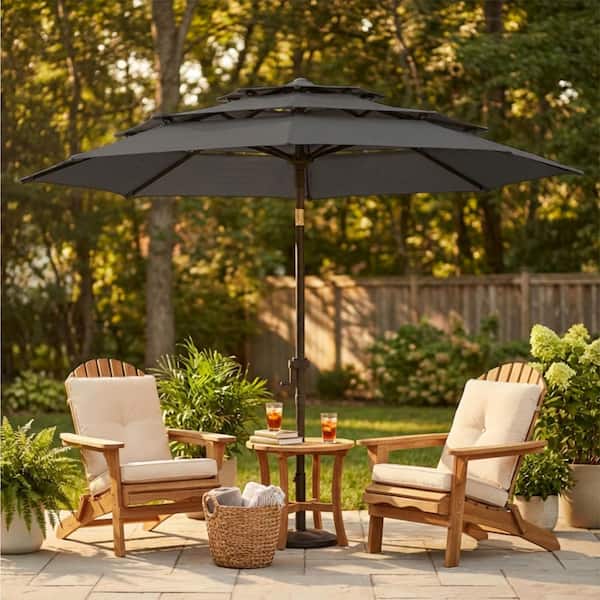 dark grey patio umbrella lohasco 9 ft. 3-Tier Market Patio Umbrella with Push Button Tilt and Crank in Dark Grey