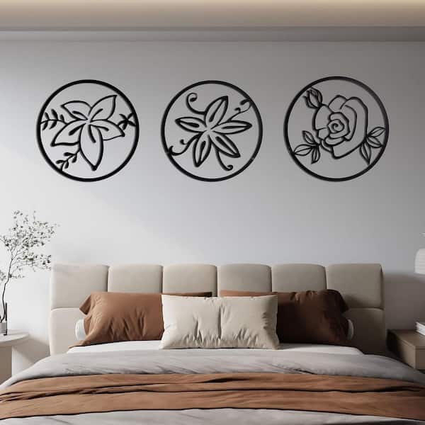 Avex 3-piece 13.8 in. x 13.8 in. Black Floral Hollow Out Abstract Design Wall Architectural Decor Set