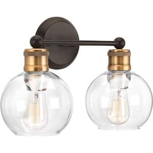 Hansford Collection 15-1/2 in. Vintage Electric 2-Light Antique Bronze Coastal Clear Glass Bathroom Vanity Light