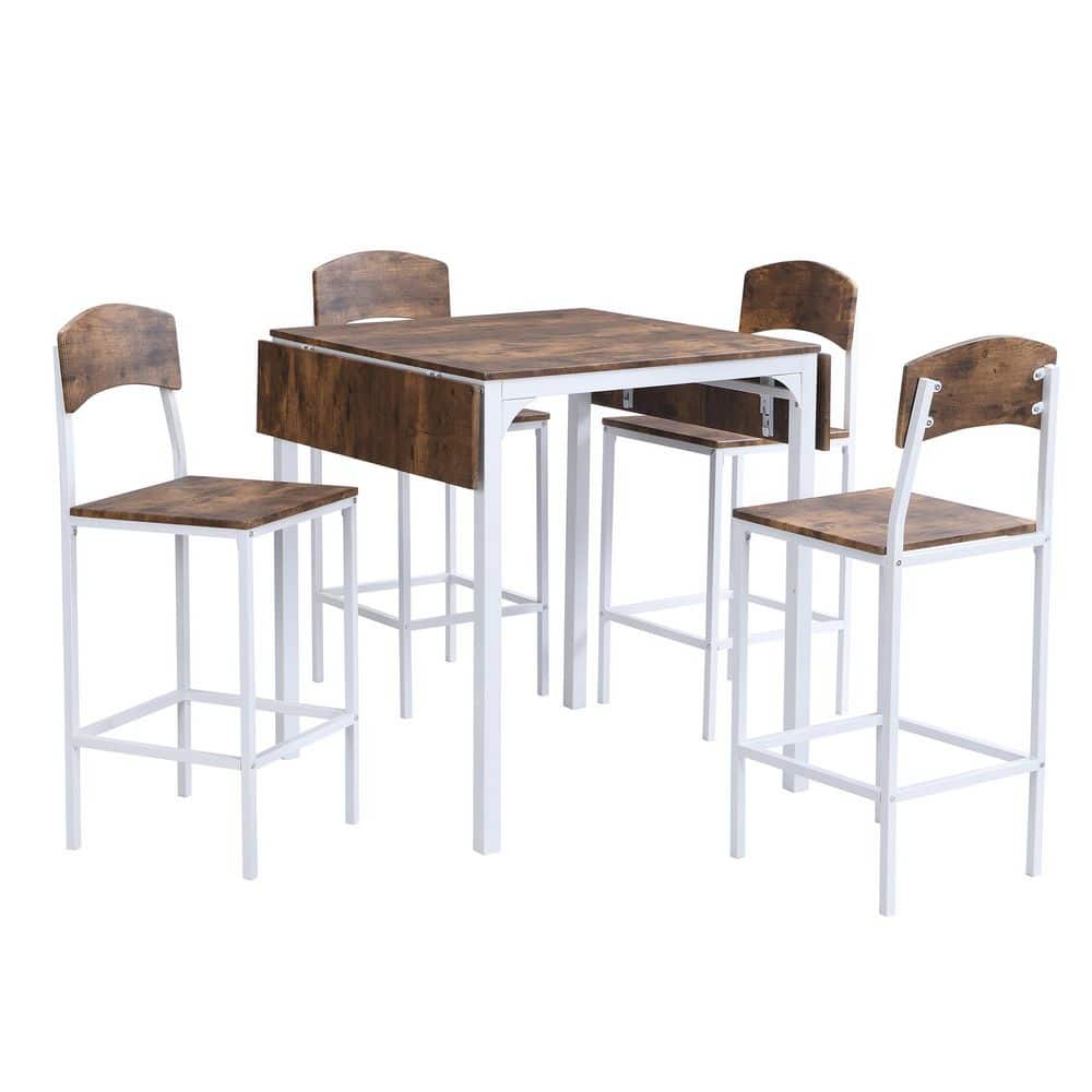 5-piece Metal Rectangular Counter Height Outdoor Dining Table Set with 4 Dining Chairs in Rustic Brown Tabletop