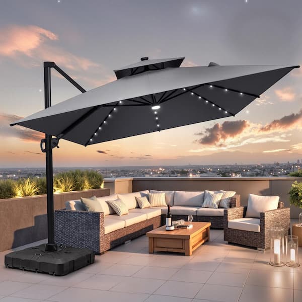 Solar LED Double Top 9 ft. x 10.5 ft. Outdoor Cantilever 360° Rotation Tiltable Patio Umbrella in Gray with Base