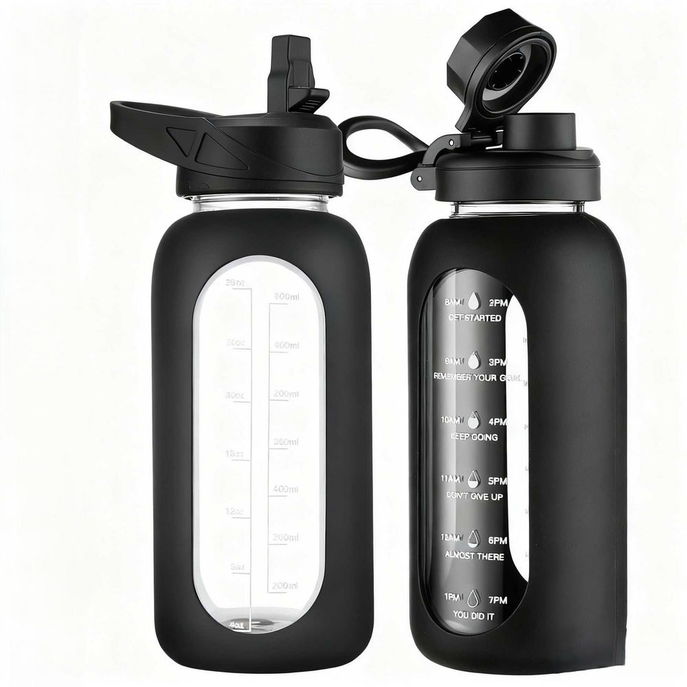 32 oz Black Glass Water Bottle with Straw, Time Marker, Two Lids, Leakproof Design, and Silicone Sleeve