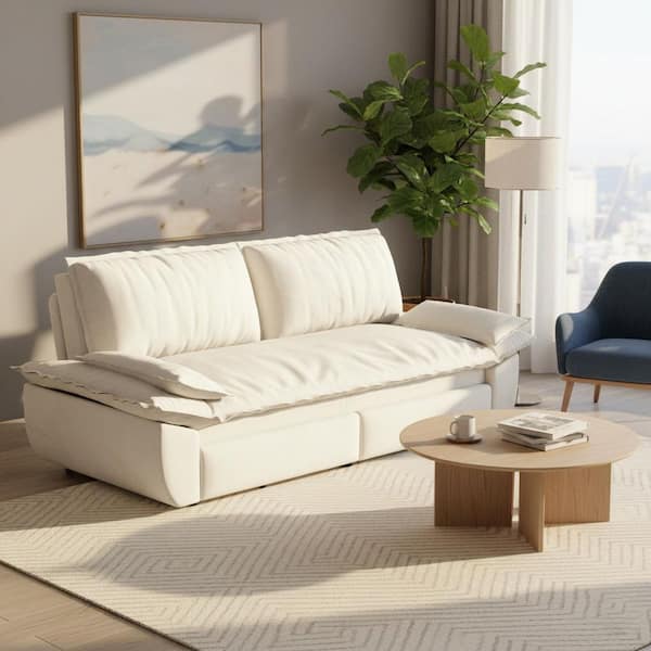 SBAN 73 in. Cloud White Velvet 2-Seat Convertible Queen Size Sofa Bed with Adjustable Sleeper Back and Cushions