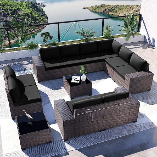 Halmuz 12-Piece Wicker Outdoor Sectional Set with Black Cushion