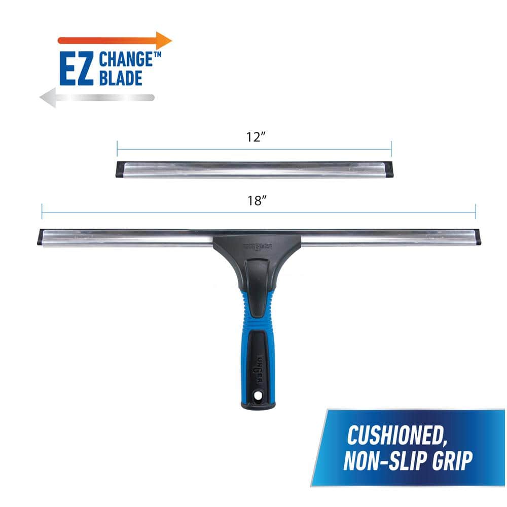 18-Inch Blue and Black Plastic Window Squeegee with Interchangeable Blades