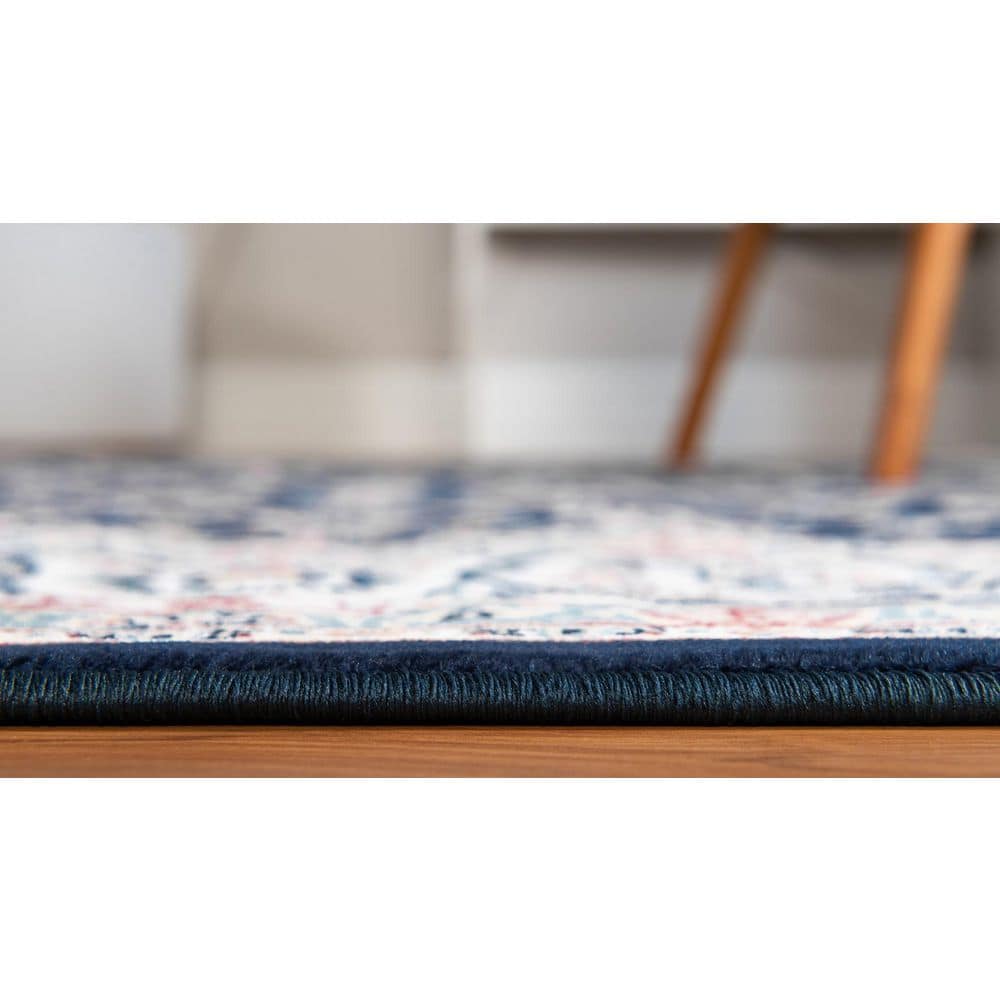 Navy Blue and Beige Floral Synthetic 8x10 Area Rug