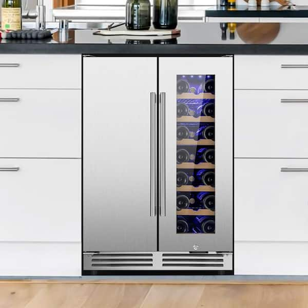 24 in. Dual Zone 20-Bottle and 57-Can Wine and Beverage Cooler Four Door Handles Built-in Wine Fridge in Silver