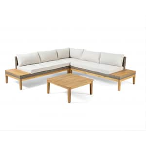 4 piece acacia Wood and wicker Outdoor 5 seater Sectional sofa set with coffee table with Cushions for garden khaki
