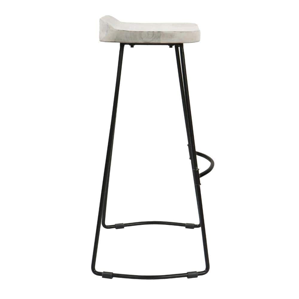 30-Inch Whitewashed Mango Wood Saddle Seat Backless Barstool with Black Metal Base