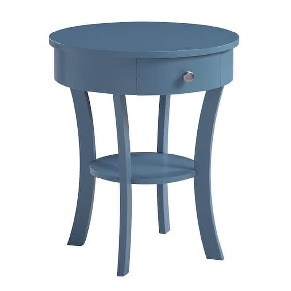 Classic Accents Schaffer 20 in. Dusty Blue Round Wood Top End Table with Drawer and Shelf