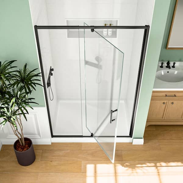 44 - 48 in. W x 71 in. H Pivot Semi-Frameless Shower Door in Matte Black Finish with SGCC Certified Clear Glass