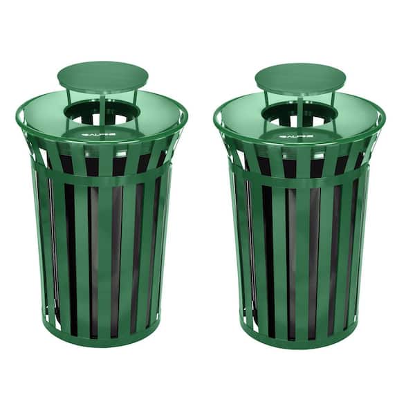 38 Gal. Green Outdoor Metal Slatted Commercial Trash Can Receptacle with Rain Bonnet Lid (2-Pack)