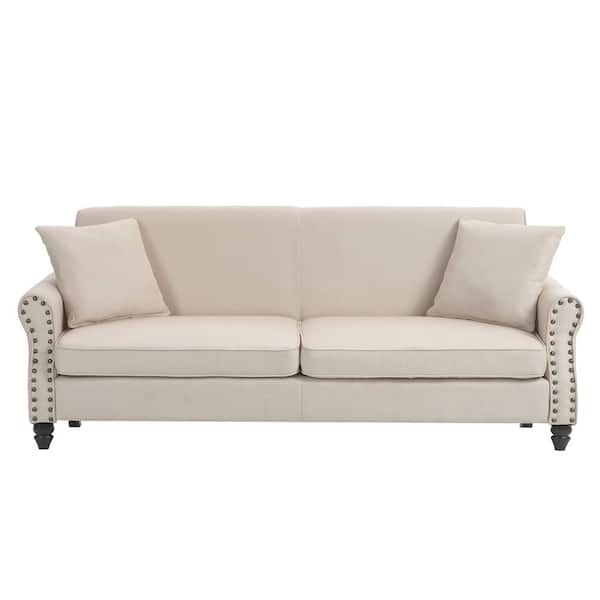 Uixe 73.35 in. Rolled Arm Linen Upholstered Rectangle 2-Seater Sofa in ...