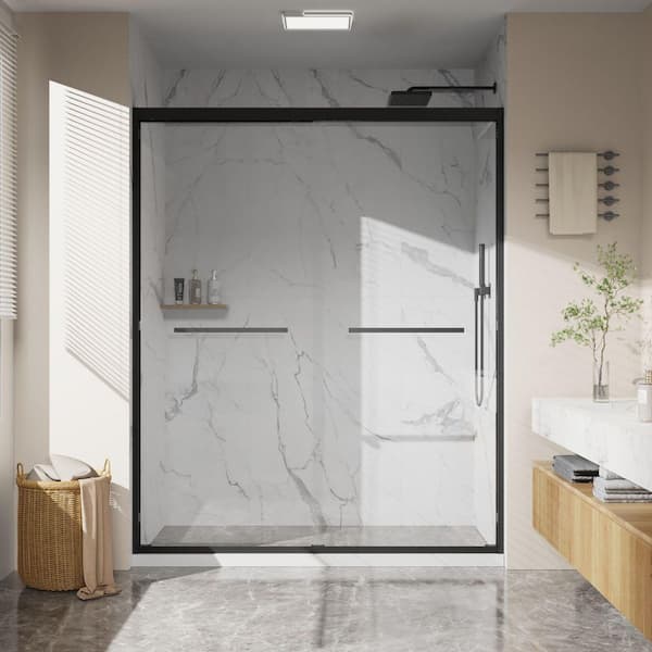56 in. - 60 in. W x 72 in. H Double Sliding Aluminum Framed Shower Door with SGCC Clear Tempered Glass in Matte Black