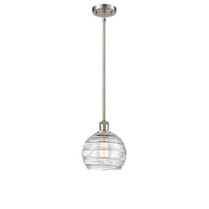 Athens Deco Swirl 1-Light Brushed Satin Nickel, Clear Deco Swirl Shaded Pendant Light with Clear Deco Swirl Glass Shade