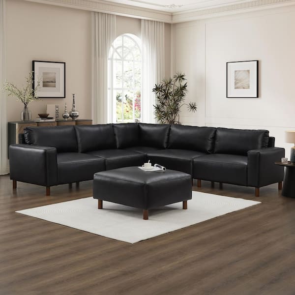 Xandell Modern 104 in. Square Arms PU Faux Leather Upholstery L-Shaped Sectional Sofa in Black with Ottoman