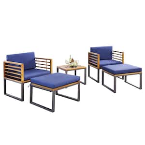 5-Piece Acacia Wood Patio Conversation Cushioned Chair Ottoman Table Furniture Set with Navy Cushions