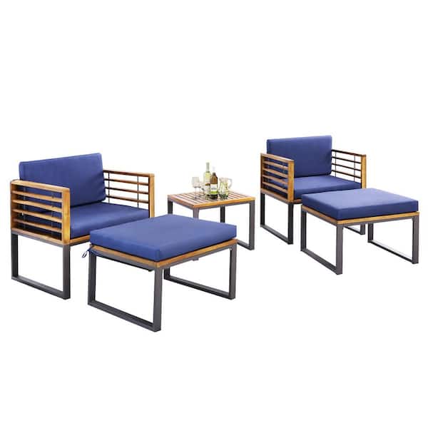 Costway 5-Piece Acacia Wood Patio Conversation Cushioned Chair Ottoman Table Furniture Set with Navy Cushions