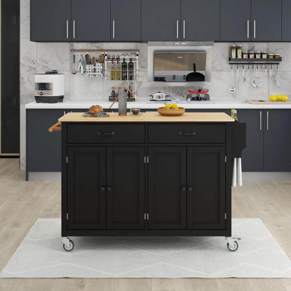 Westsky 54.3 Wide Black Mobile Kitchen Island Cart Locking Wheels 4-Doors  Cabinet with Solid Wood Top and 2-Drawers WF286911AAB-BK - The Home Depot