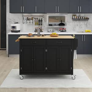 54.3 Wide Black Mobile Kitchen Island Cart Locking Wheels 4-Doors Cabinet with Solid Wood Top and 2-Drawers