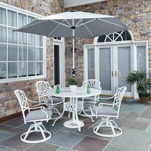 Capri White 48 in. 7-Piece Cast Aluminum Round Dining Set with Umbrella with Gray Cushions