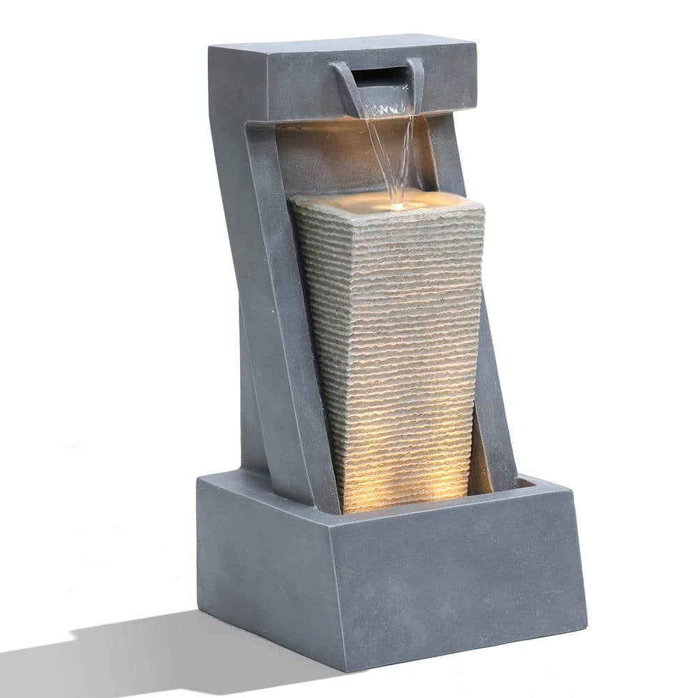 Gray Resin 2-Column Sculpture Outdoor Fountain with LED Lights