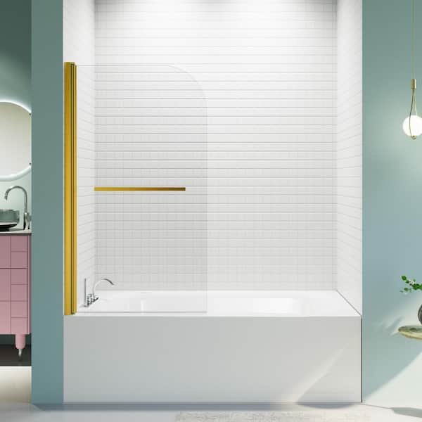 Reversible 31.75 in. W x 55 in. H Pivot Frameless Tub Door in Brushed Gold with 1/4 in. Tempered Clear Glass