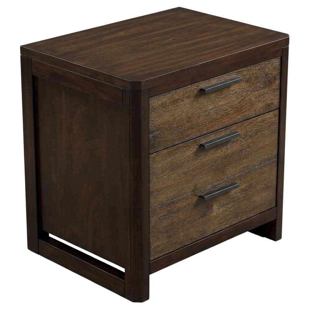 Top perspective view of a walnut nightstand.