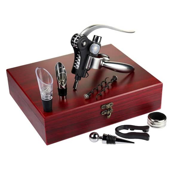 Numhew Silver Wine Opener Set with Corkscrew, Foil Knife, Wine Pourer, Bubbler, Collar, Stopper, 2-Extra Screws and Gift Box