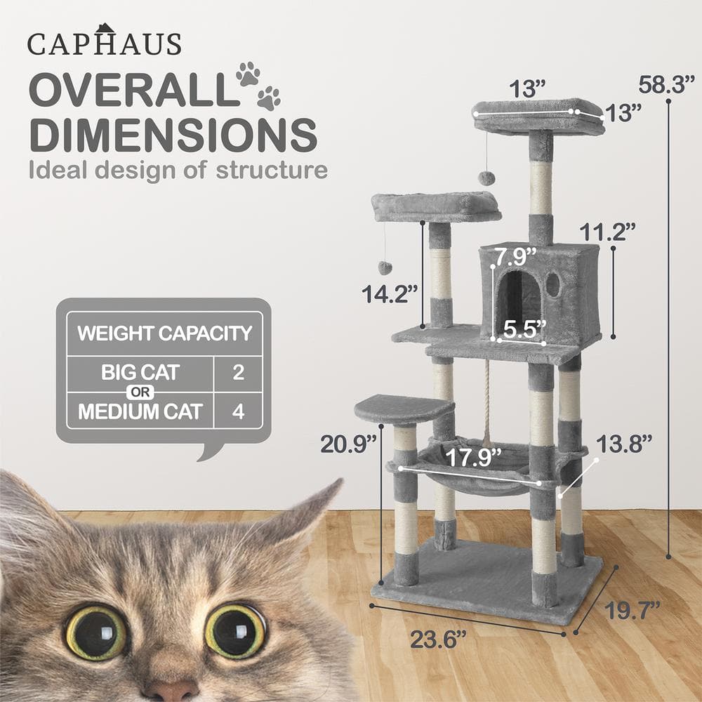 58-Inch Light Grey Multi-Level Cat Activity Tree with Sisal Posts