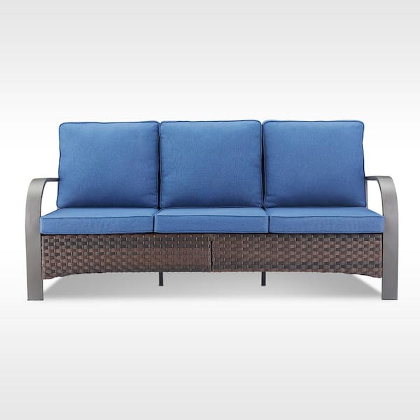 Opohoro ArcMetal Metal and Brown Wicker Outdoor 3-Seat Sectional Couch Sofa with Olefin Navy Blue Cushions