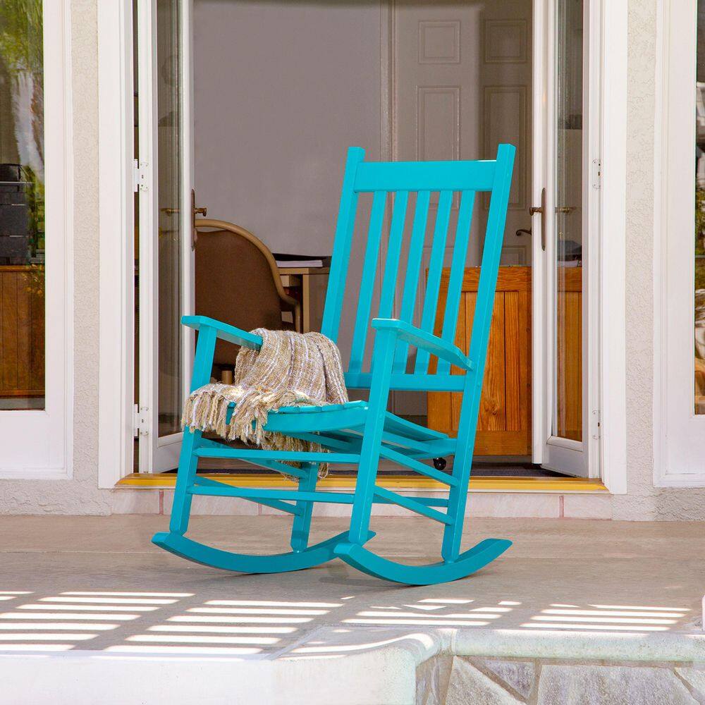 Blue Hardwood High Back Porch Rocking Chair