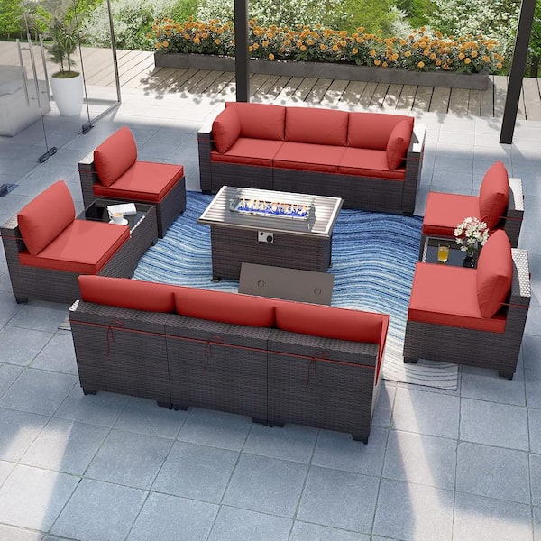 Halmuz 13-Piece Wicker Patio Conversation Set with 55000 BTU Gas Fire Pit Table and Glass Coffee Table and Red Cushions