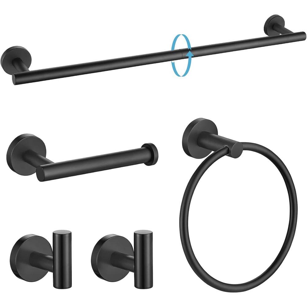 5-Piece Stainless Steel Bath Hardware Set-24 in. Towel Bar, Ring, 2 Robe Ho
