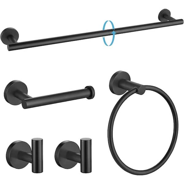 Unbranded 5-Piece Stainless Steel Bath Hardware Set-24 in. Towel Bar, Ring, 2 Robe Hooks and Toilet Paper Holder in Matte Black