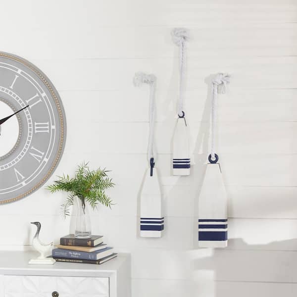 Litton Lane White Wood Handmade Buoy Sculpture with Rope Accents (Set of 3)