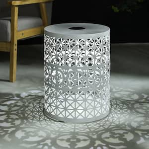 Herals White Iron Outdoor Patio Side Table with Solar Powered Light