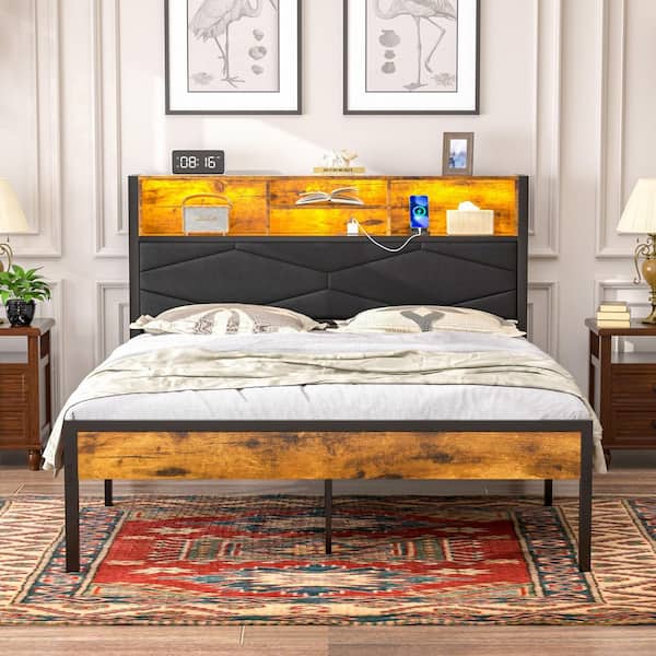 LED Bed Frame Brown Metal Frame Full Platform Bed with Charging Station, Storage Headboard, USB Outlets, Upholstered
