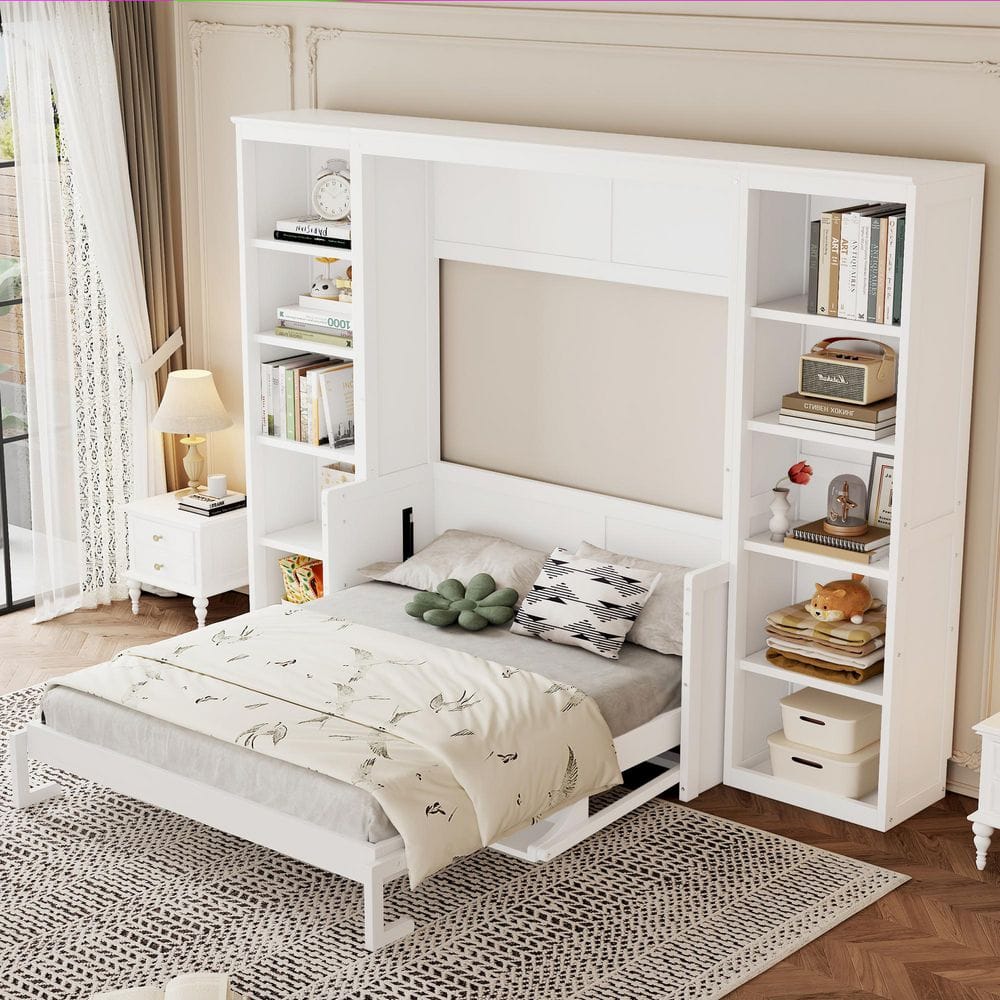 White Wood Frame Full Size Murphy Bed Wall Bed with Storage Bookshelves price history on PriceWatchPro