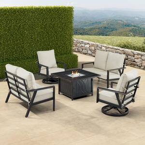 Black 6-Piece Aluminum Patio Fire Pit with 2-Deep Seating Loveseat and 2-Club Chairs Light Grey Cushions