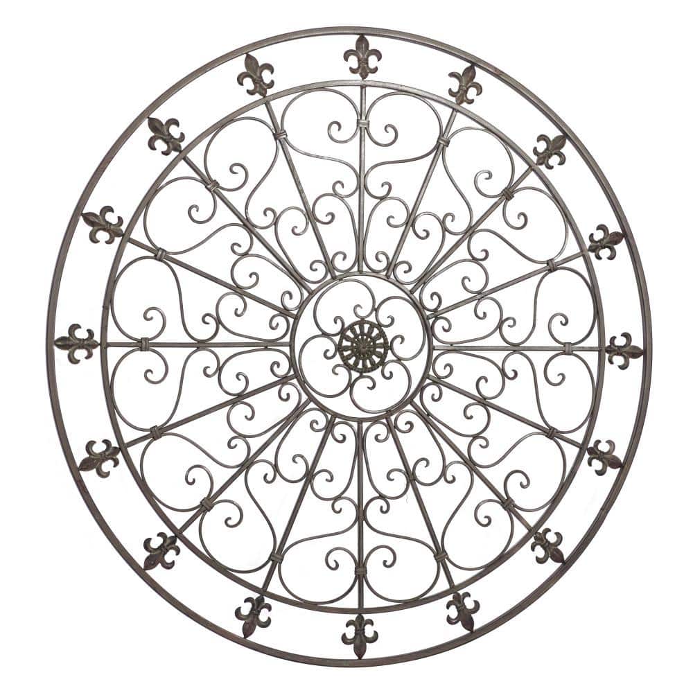 Black Iron Scrollwork and Fleur De Lis Round Wall Sculpture