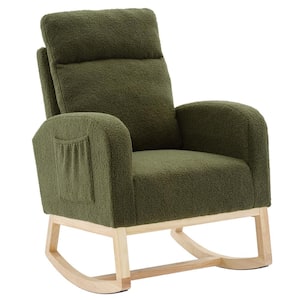 Green Teddy Fabric Upholstered Rocking Chair with Solid Wood Legs Nursery Glider Rocker Comfy Armchair with Side Pocket